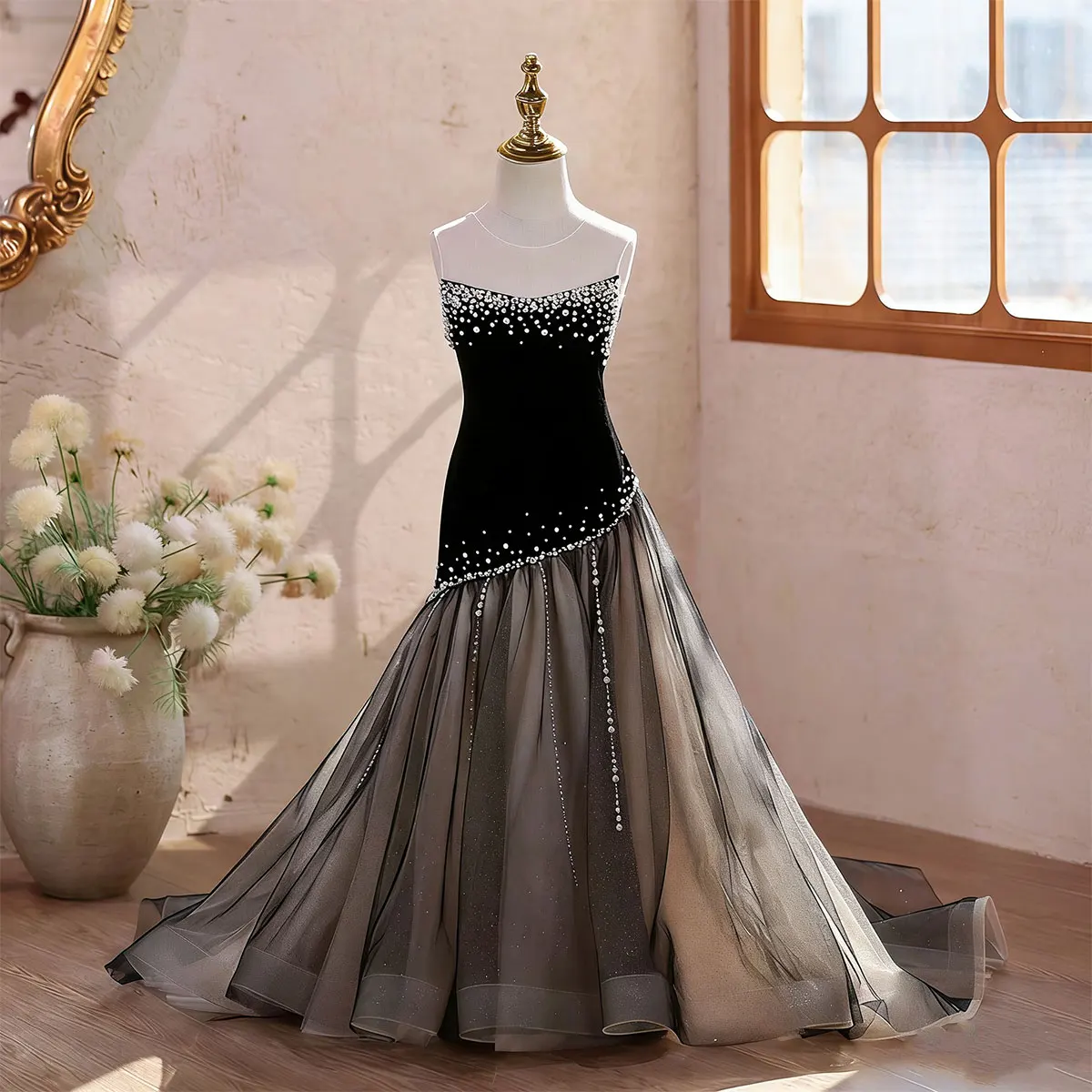 Jill Wish J618 Elegant Black Dress Pearl Beading Mermaid Style Crystal Waist Chain Details Evening Formal Pageant Party for Girl
