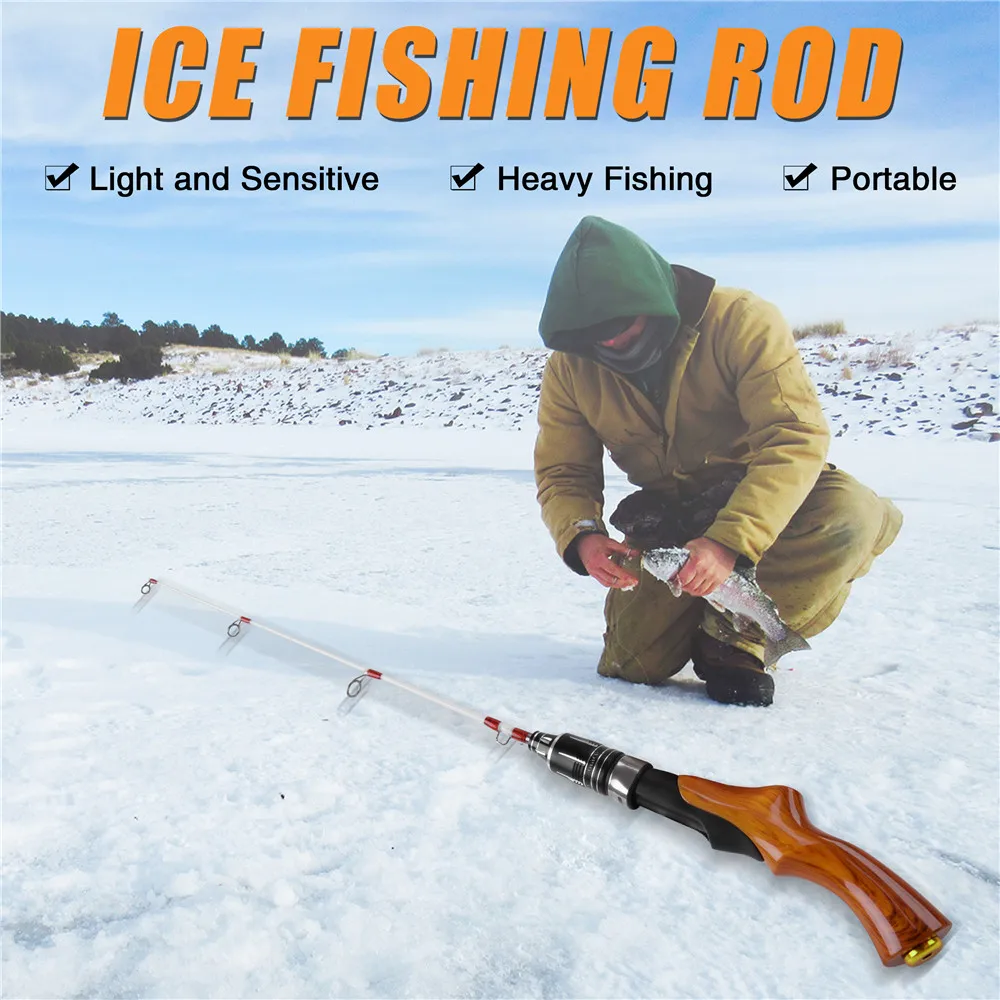 Outdoor Winter Ice Fishing Rod 57CM 2 Sections Wooden Handle Ice Fishing pole for Bass Trout Salmon ice jig bait fishing tackle
