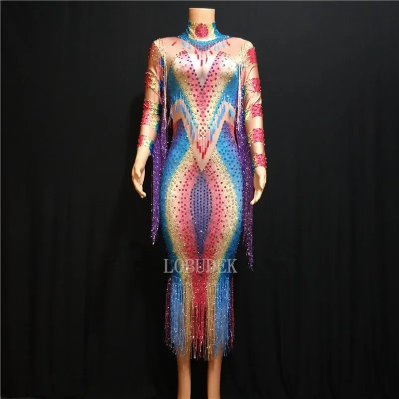 Colorful Tassel Rhinestones Stretch Long Dress Women Stars Singer Stage Wear Prom Birthday Celebration Dresses Nightclub Costume