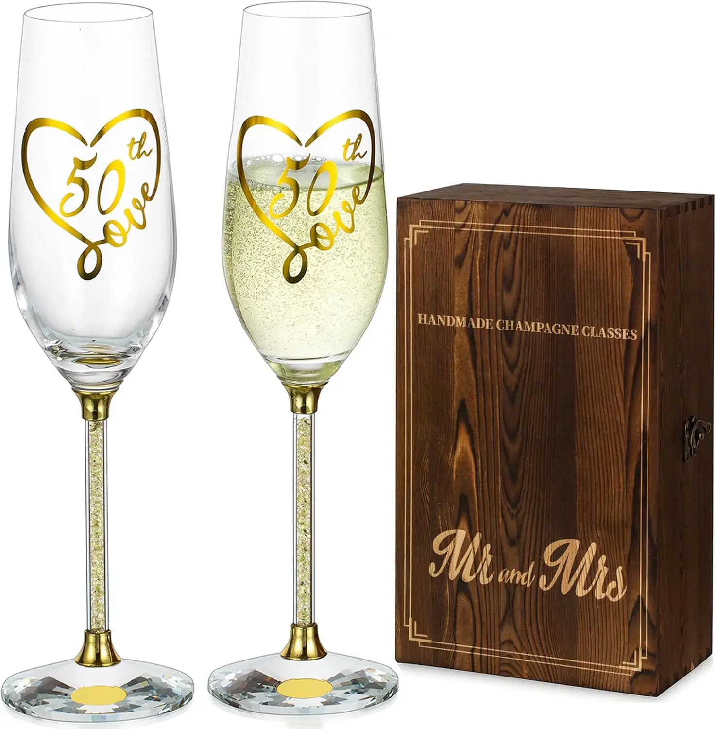 مزامير الشمبانيا للذكرى الخمسين، مجموعة من 2 كؤوس تحميص كريستالية ذهبية مع صندوق خشبي، كؤوس نبيذ منقوشة لحفلات الزفاف، ثنائية