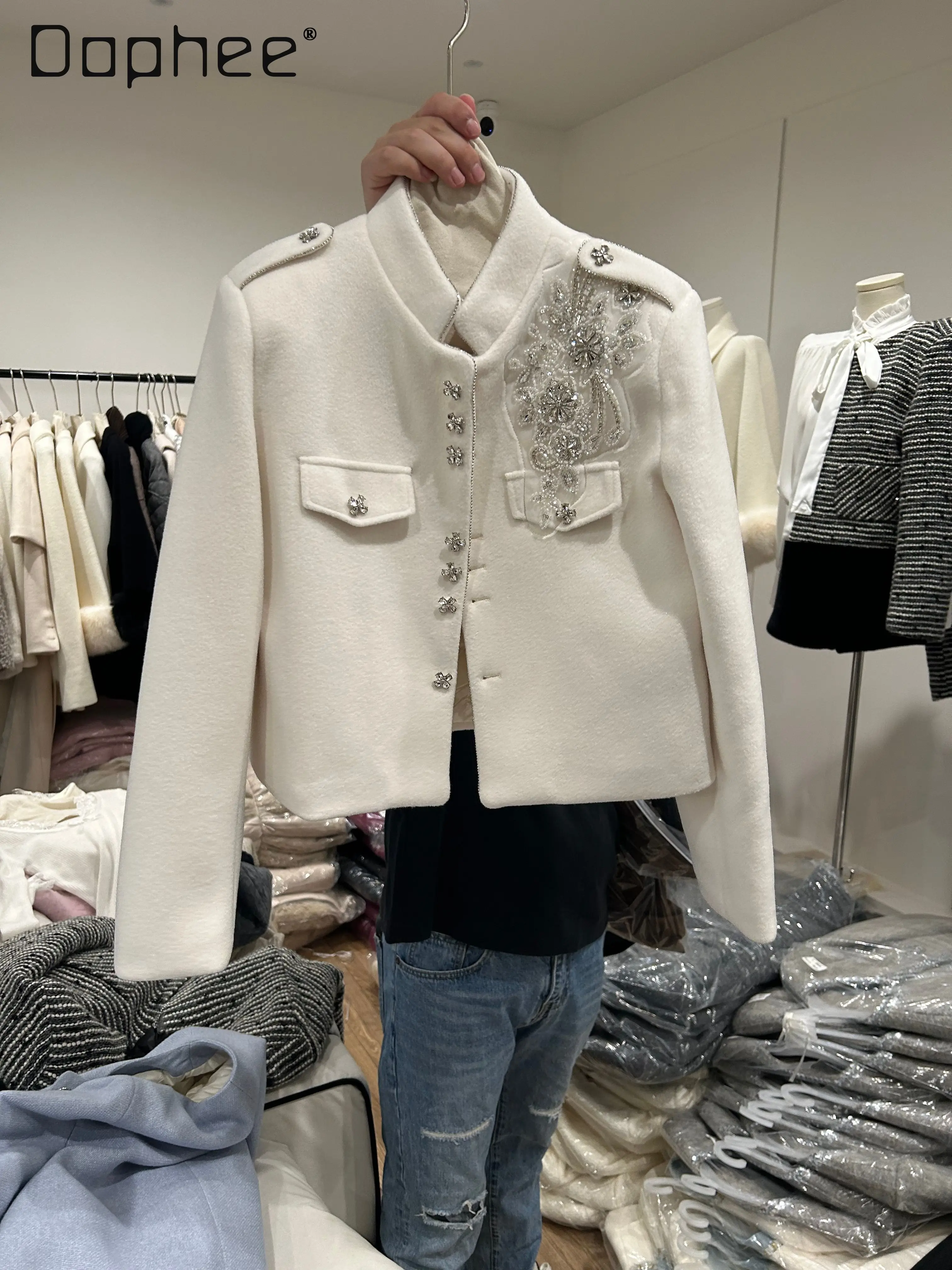 

Luxury Beading Short Jacket Down Liner Stand Collar Sequined Coats Heavy Industry Elegant White Single-breasted Outerwear