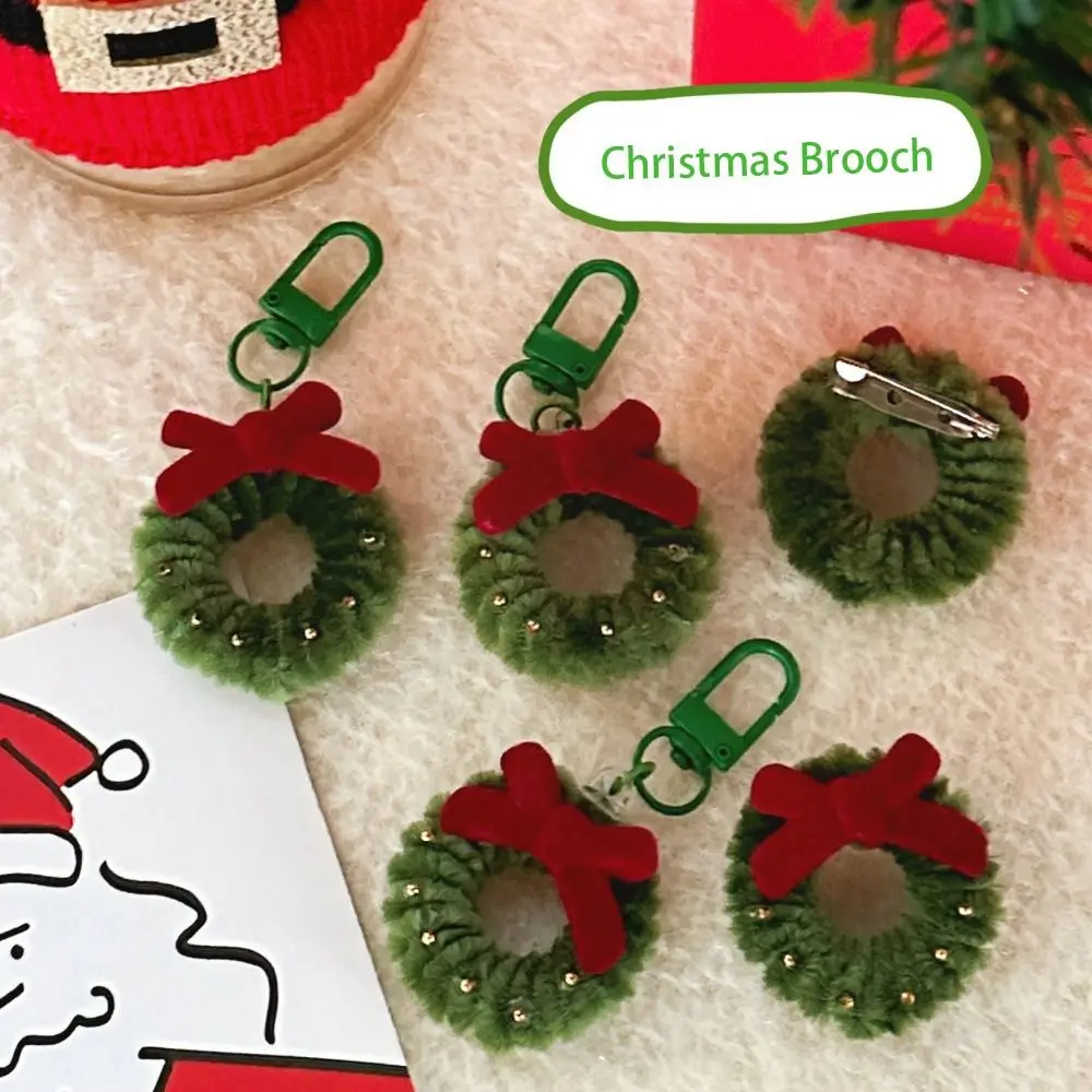 Cute Cartoon Christmas Pendant Red Bow Mini Wreath Keychain New Year Gift Soft Christmas Brooch Hanging Accessory