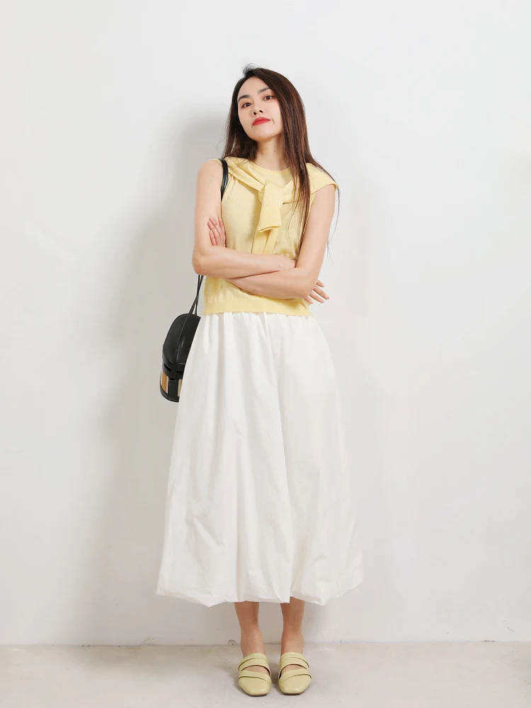 

Ele Mid-Length A-Line Skirt Elastic Waist Versatile Faionable f Skirt Commute Sle Regular Thin Pure Color