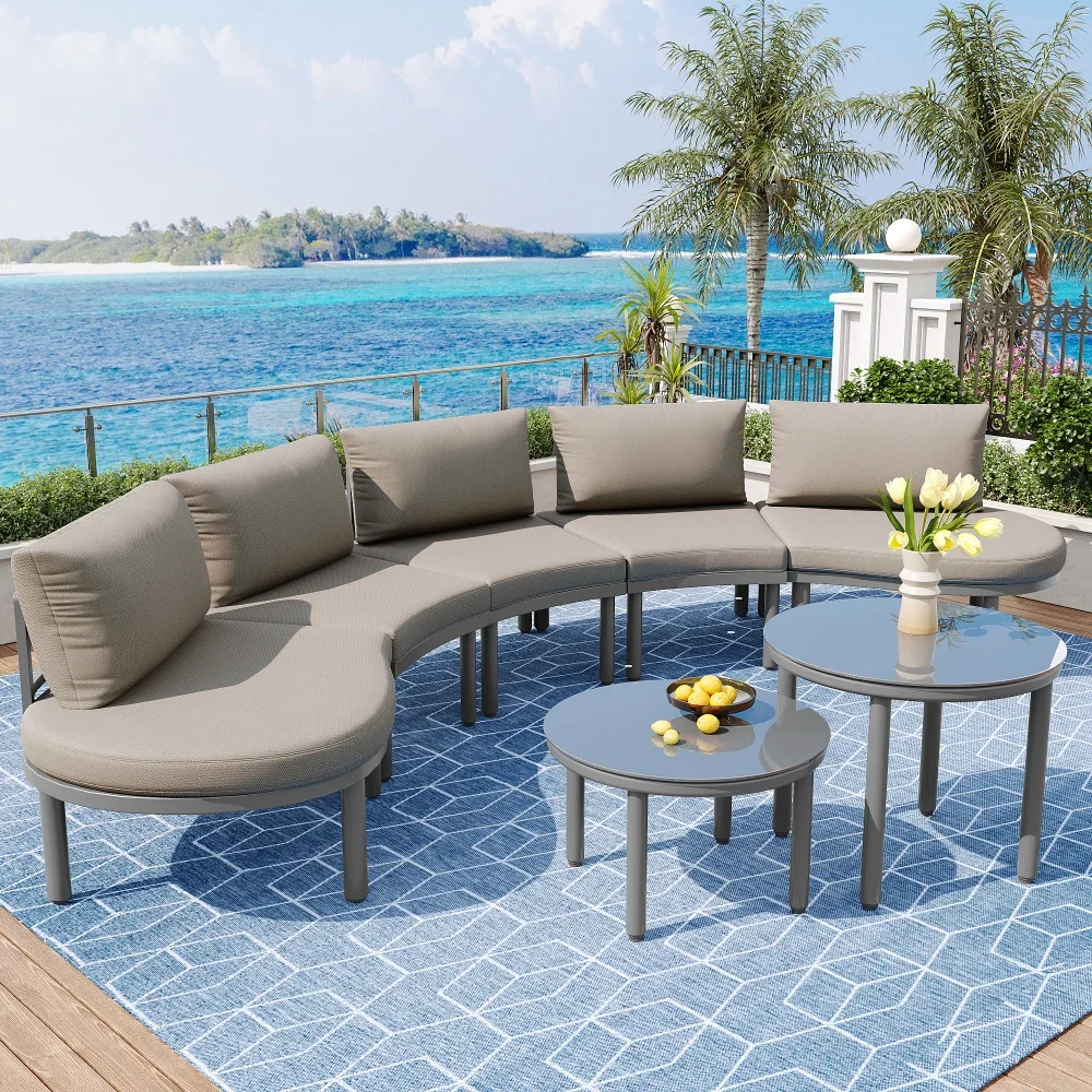 

Customizable Simple outdoor garden furniture set/round sofa set, 2 tempered glass tables/galvanized iron frame/grey