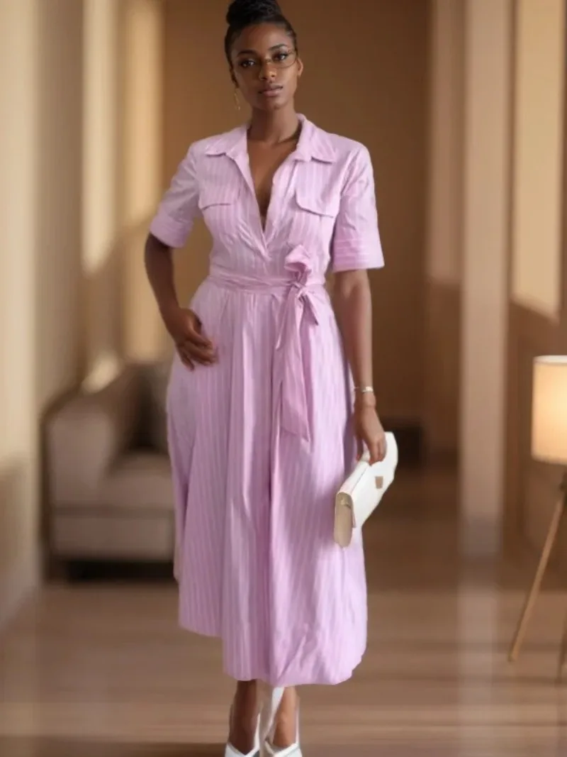 2025 여름 신상 여성 패션 팝린 셔츠 스타일 벨트 롱 원피스, 여성용 패션 반팔 캐주얼 드레스