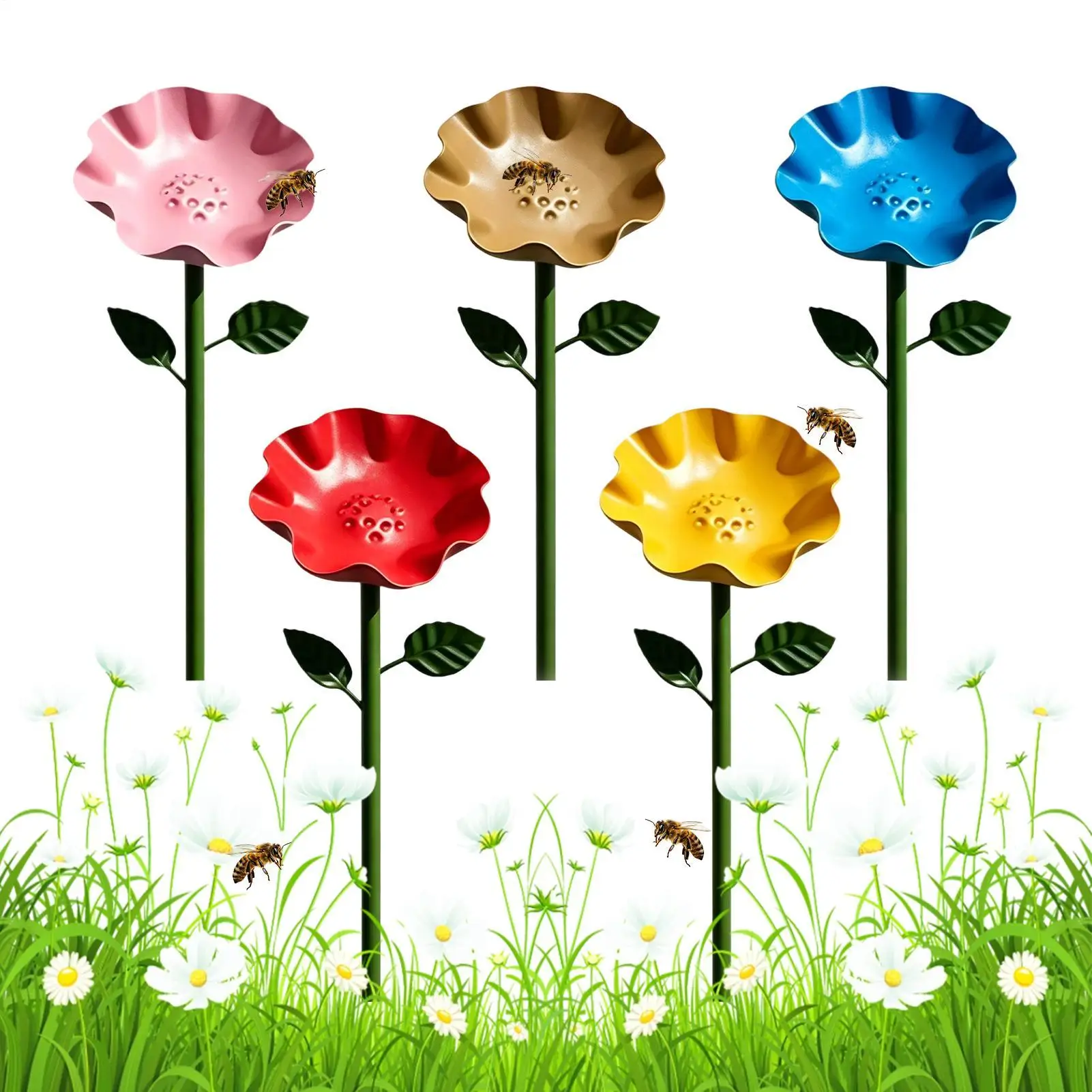 5pcs Bee Water Station Decorative Flower Shaped Metal Spike garden Flower Bee Water Dispenser Butterfly Cups For Patio Porch