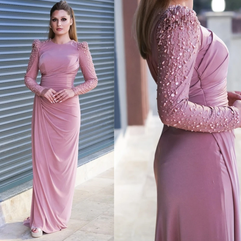 Customized Exquisite Jersey Sequined Beading Ruched A-line High Collar Long Dresses Prom Dresses Modern Style Pastrol Unisex Chi