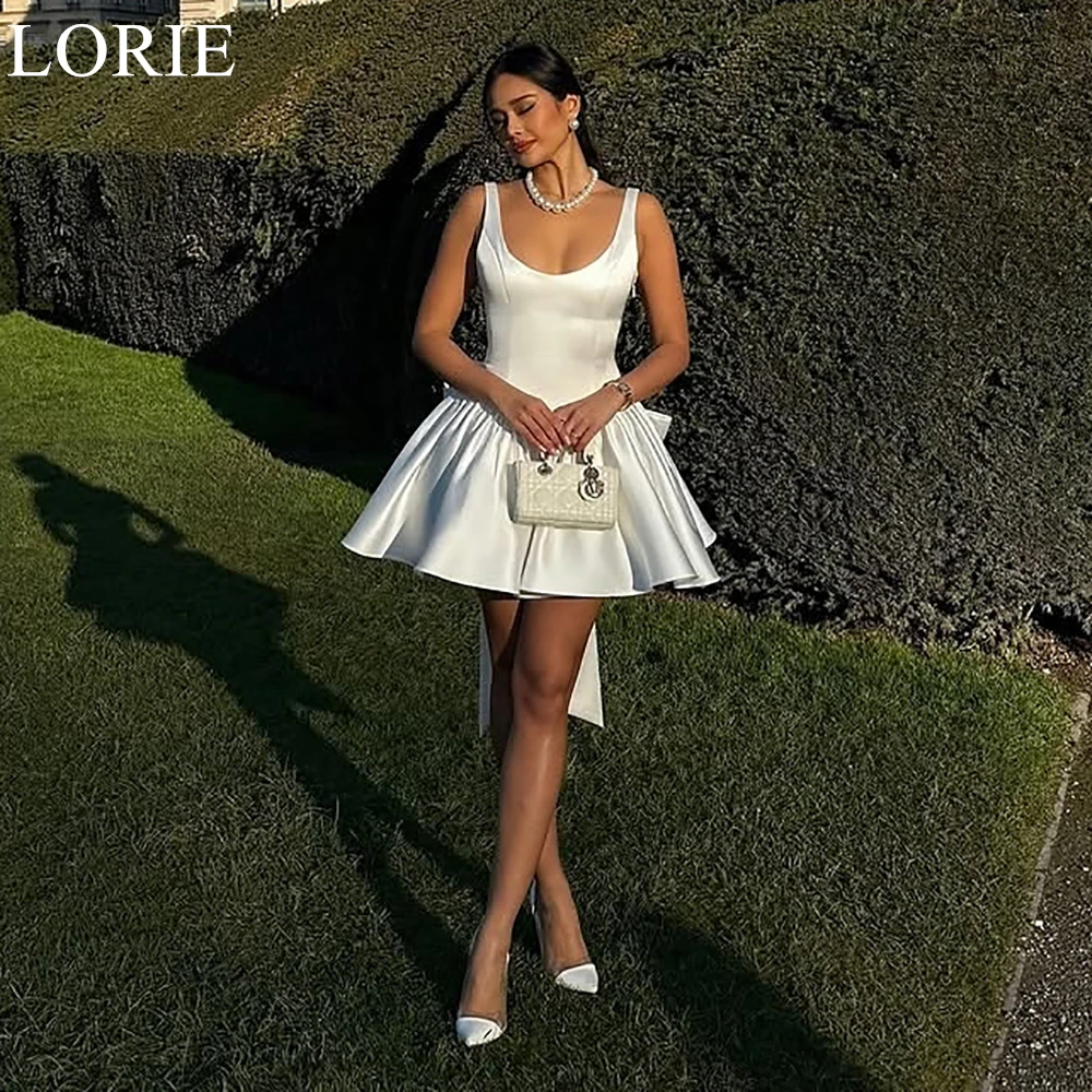 

LORIE Elegant Wedding Dresses A-Line Scoop Spaghetti Strap Bow Pleated Bride Prom Gown Backless Short Bridal Gowns Customized