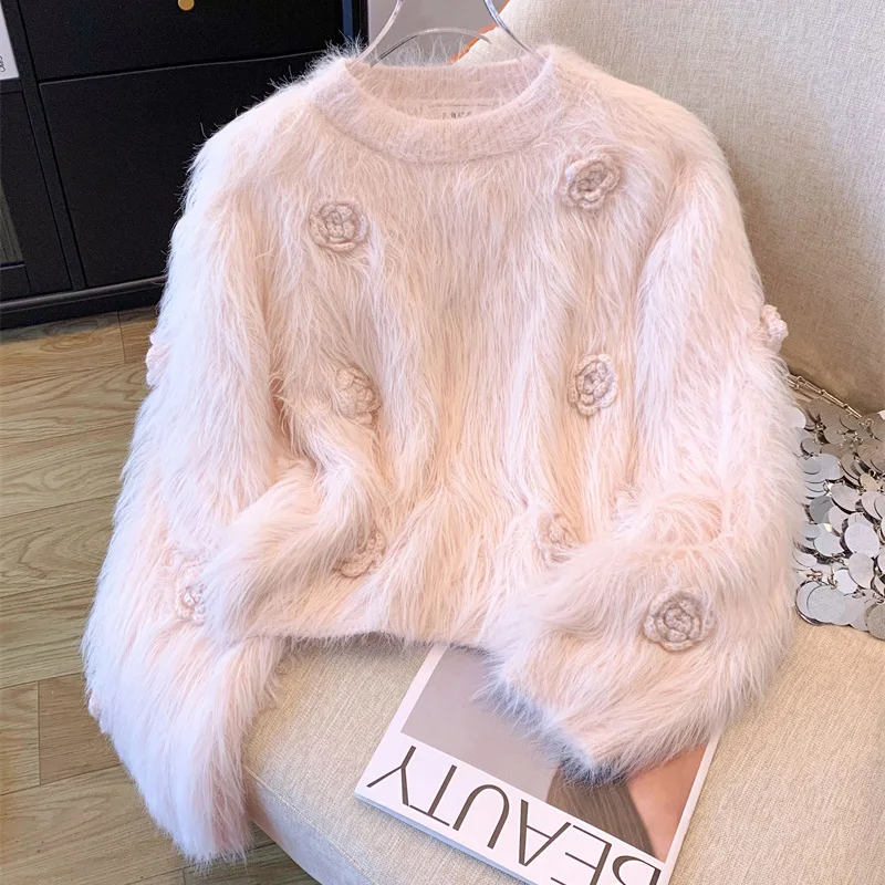 

ALPHALMODA 2025, Ниша, свитер из мохера, круглый воротник, роза, свитер-пуловер, для женщин, новинка осени, мягкий вязаный джемпер