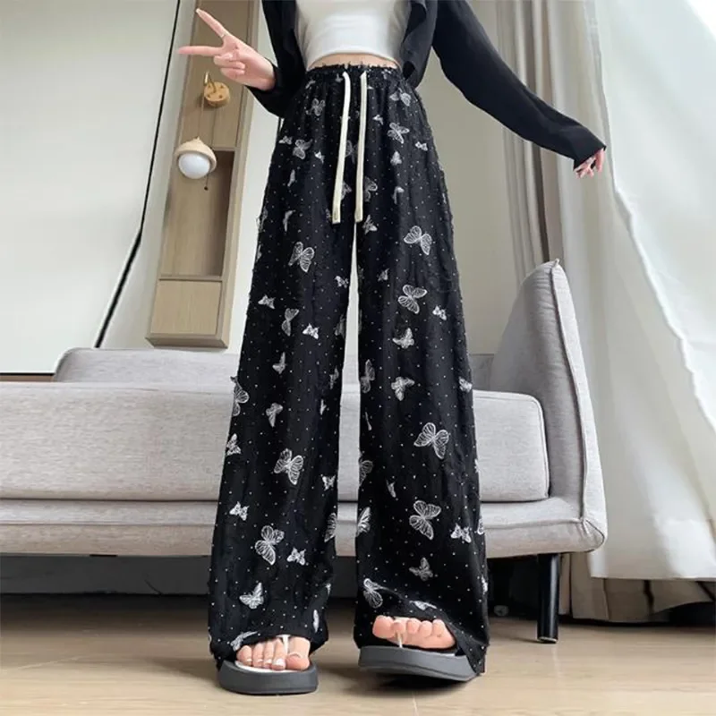 

Spring Autumn Large Size Wide-Leg Pants Women 2025 New Fashion Loose Casual Pants Butterfly Elastic Waist Outerwear Female