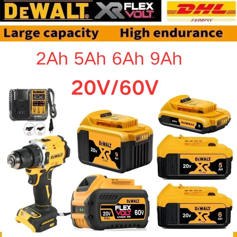 100% batteries authentiques DeWalt 20V/60V, batteries pour outils électriques, 2000mAh 5000mAh 6000mAh 9000mAh + chargeur + perceuse électrique