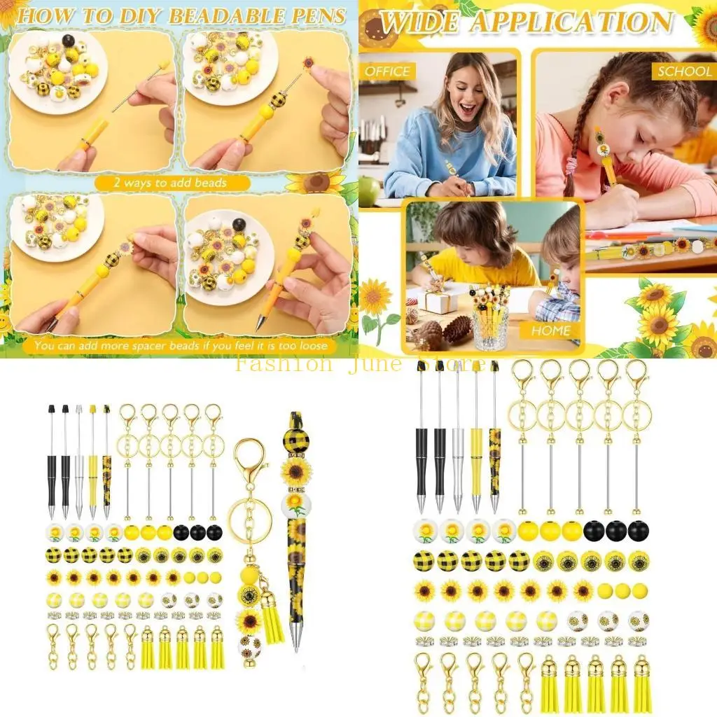 

N5KA 5pcs Beaded Pen with Leather Adornment Multifunctional Beads and Keychain