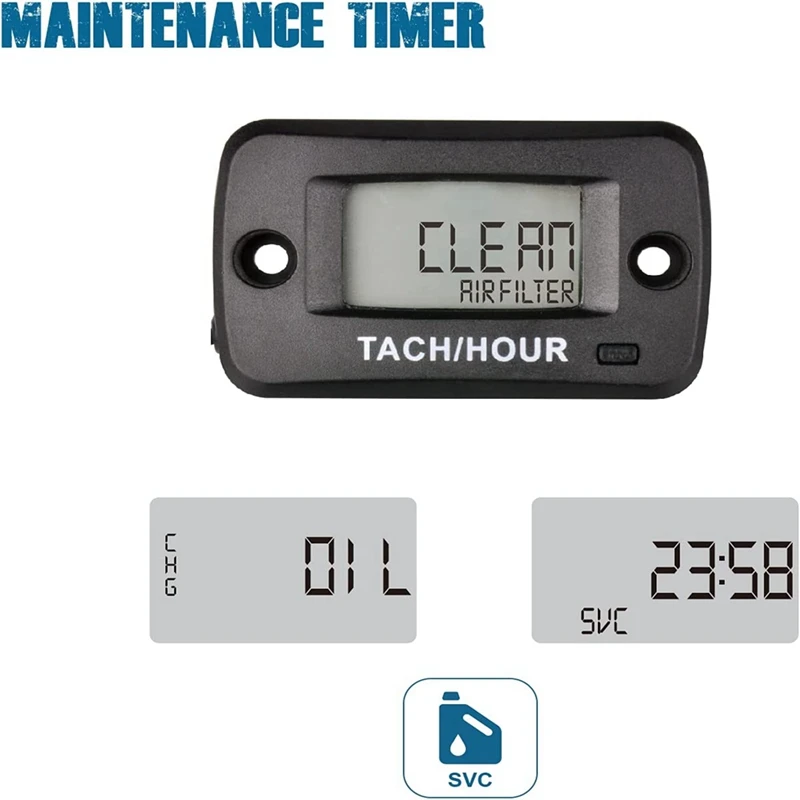 Digital Tach/Hour Meter Gauge With Maintenance Reminder,Water Resistance Design Forlawn Mower Generator Motorbike Marine