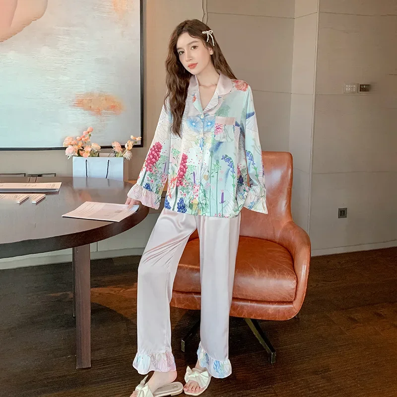 French Thin Ice Silk Women's Pajamas Sets High-end Simulation Silk Home Service Sleepwear Spring and Autumn Nightwear Suit