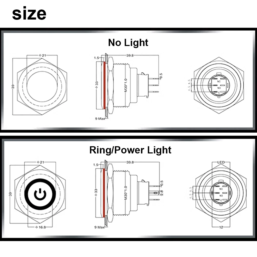 Interruptores de botón de Metal, símbolo de encendido, indicador LED impermeable, enclavamiento momentáneo, encendido y apagado, 25mM, 30mm
