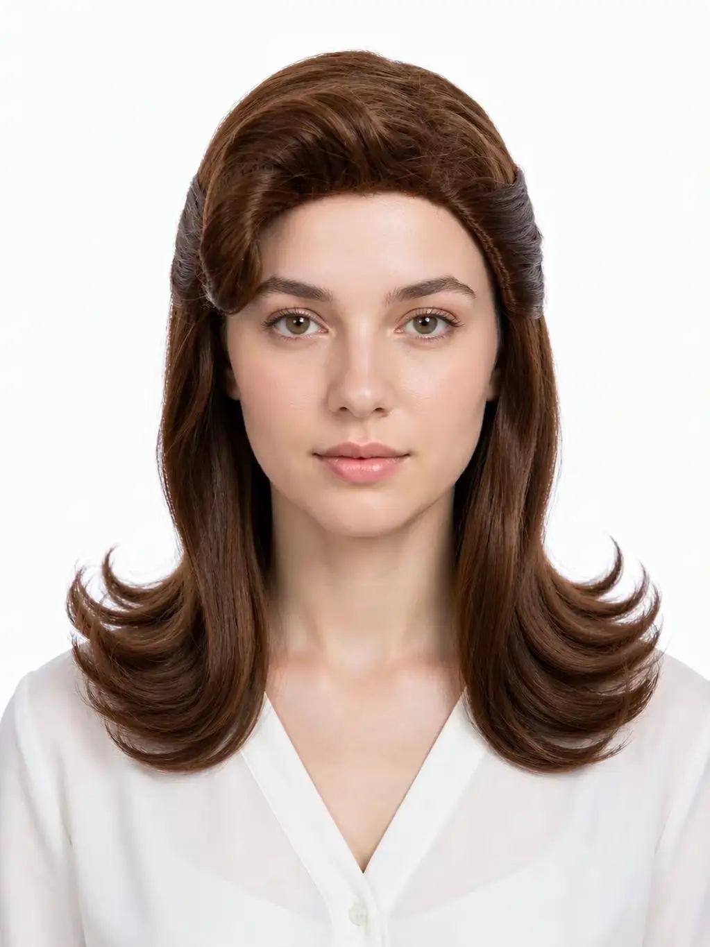 Dark Brown Wavy Wig with Curled Bangs Half Up Heat Resistant Synthetic Hair
