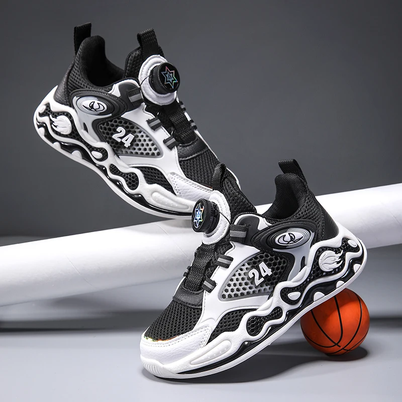 Spring/Summer Basketball Shoes Children's Sports Shoes Boys' Trendy Breathable Shock Absorbing Rotating Button Running Shoes