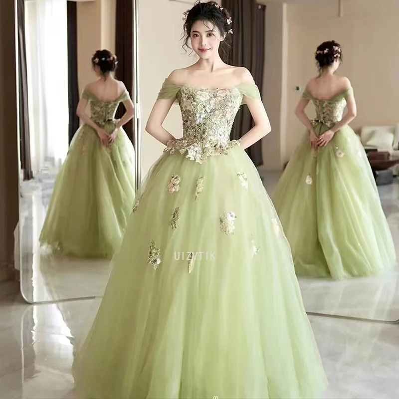 Eegant グリーンイブニングドレス女性オフショルダーアップリケ花ロングウエディングドレスカスタマイズされたウェディングパーティーフォーマルオケージョンドレス