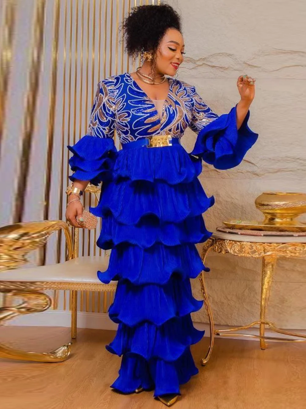 

African Dresses For Women Luxury Dashiki Sequin Maxi Robes Plus Size Ruffle Long Dress Wedding Party Birthday Evening Clothing