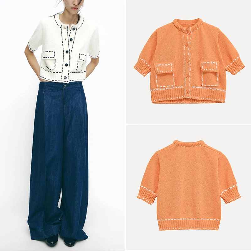 

Z Women's Faion Knitted ort Sve Jaet 2025 New Sle Small ence Sewing Line Decorated Polyester Fiber