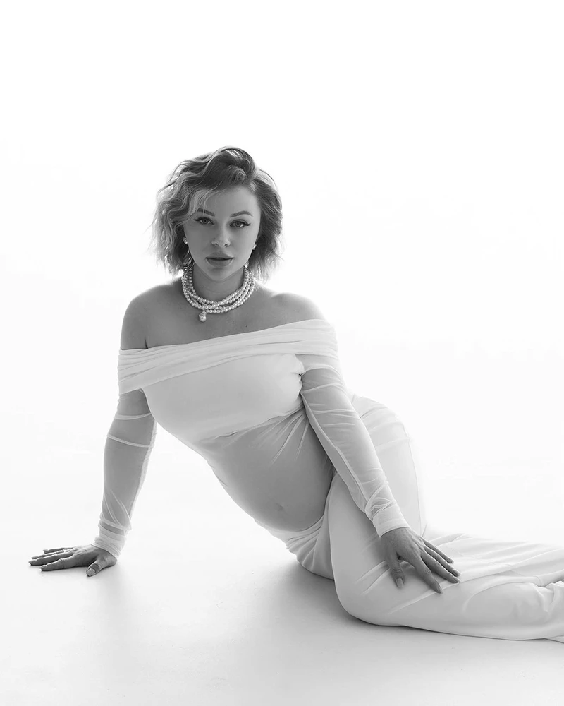 White Off Shoulder Maternity Dress Photoshoot Boutique Long Sleeve Bodycon Maxi Gown Elegant Pregnancy Outfit Baby Shower