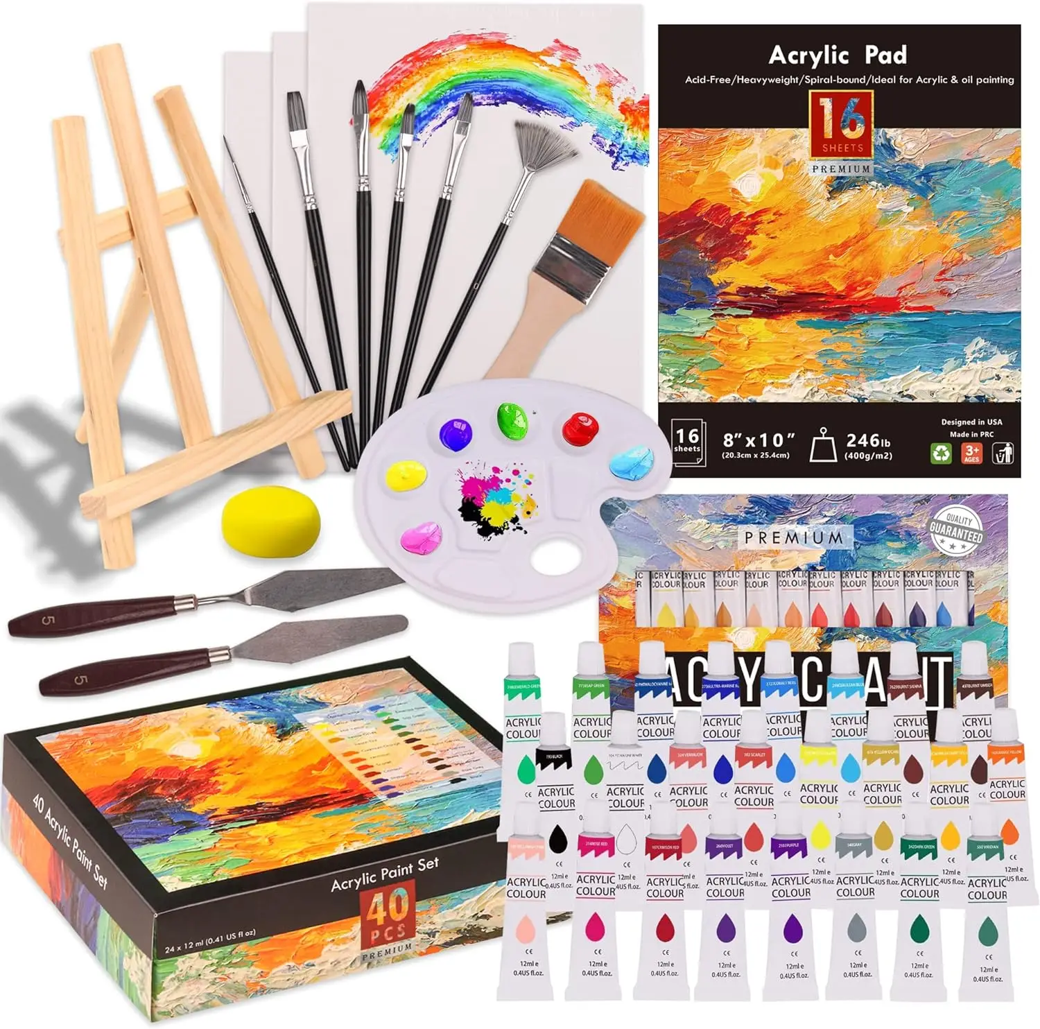 Acrylic Paint Set 56 pcs,Painting Supplies with 24 Acrylic Paint,16 Sheets Acrylic Pad,Painting Brushes,Canvas,Palette,Easel Kit