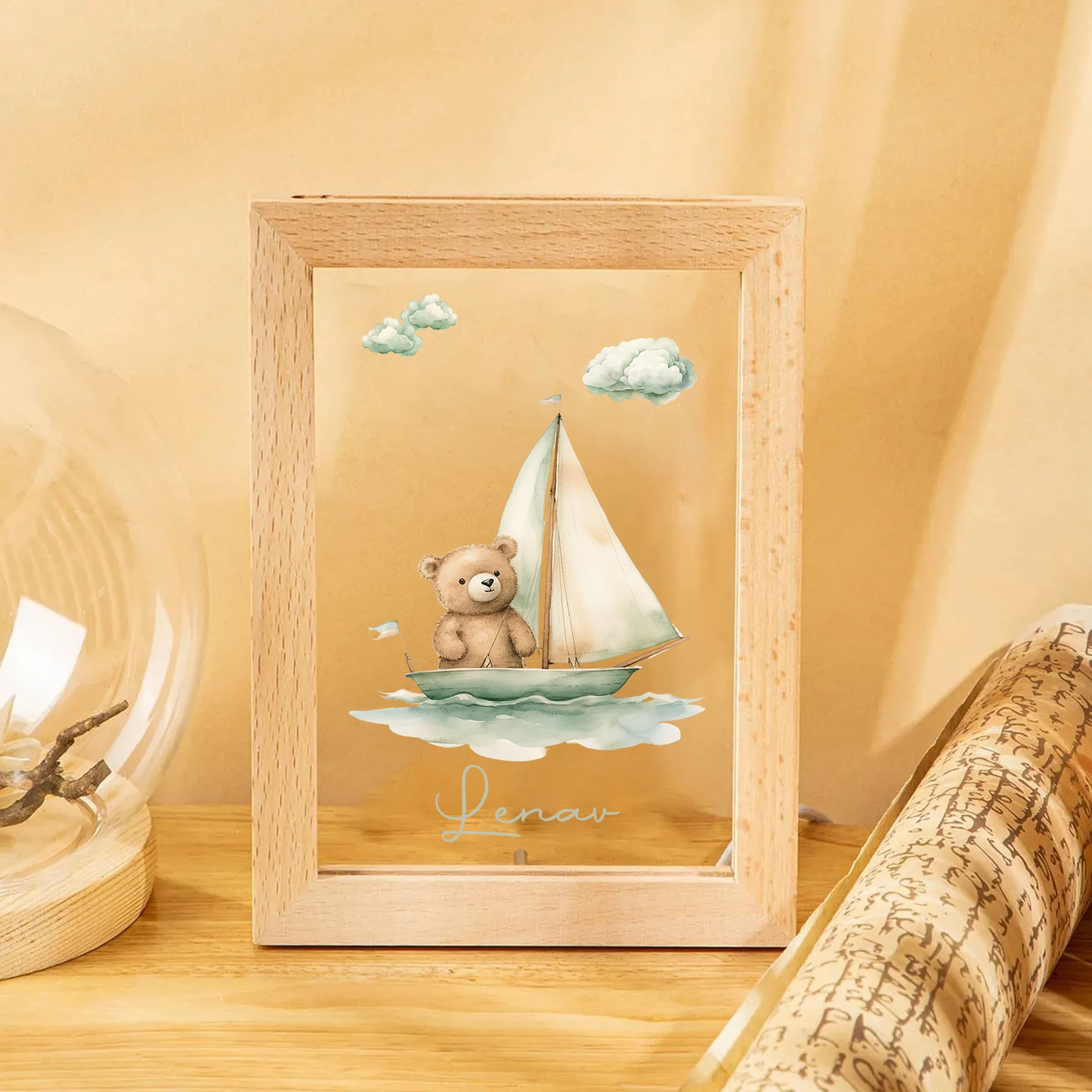 หมีบนเรือใบ LED Night View กรอบรูปของขวัญที่กําหนดเองครอบครัวห้องนั่งเล่นห้องนอนห้องรับประทานอาหารตกแต่งบ้าน