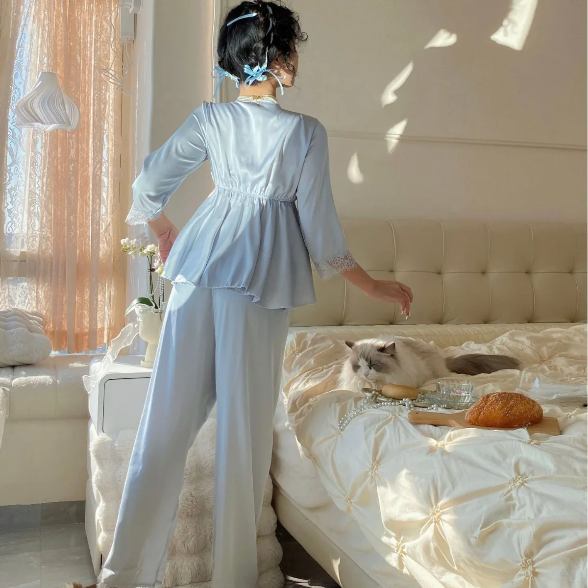 V-Neck Lace Pajamas Set Sweet Princess Style Top&pants Women Satin 2Pcs Sleepwear Loungewear Home Wear Spring Summer Nightwear