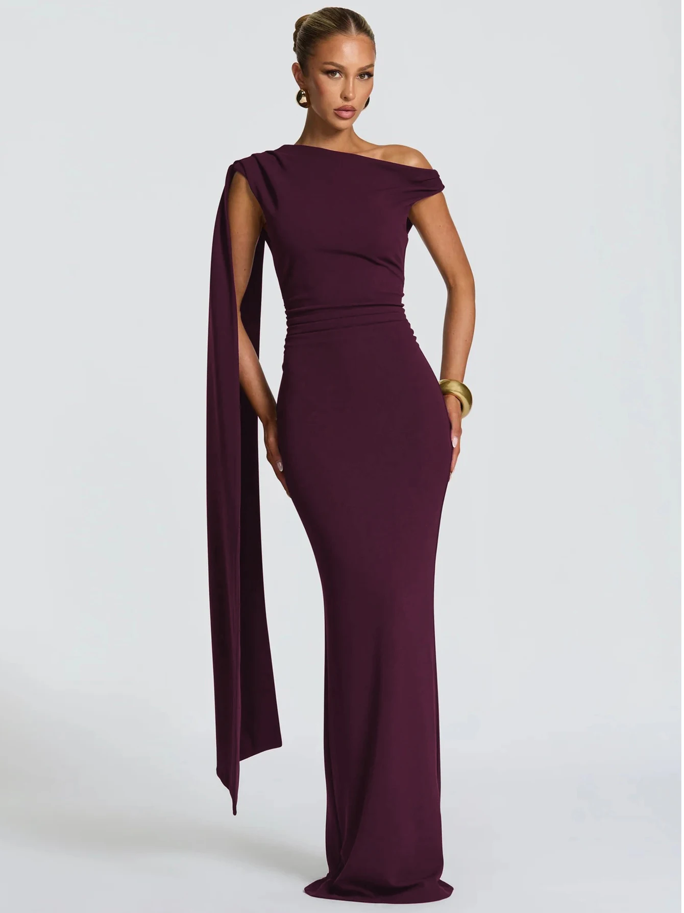 Vestido largo entallado sin mangas con cuello asimétrico y lazo en la espalda para mujer, ropa elegante y sexy de color liso para fiesta de noche o graduación.