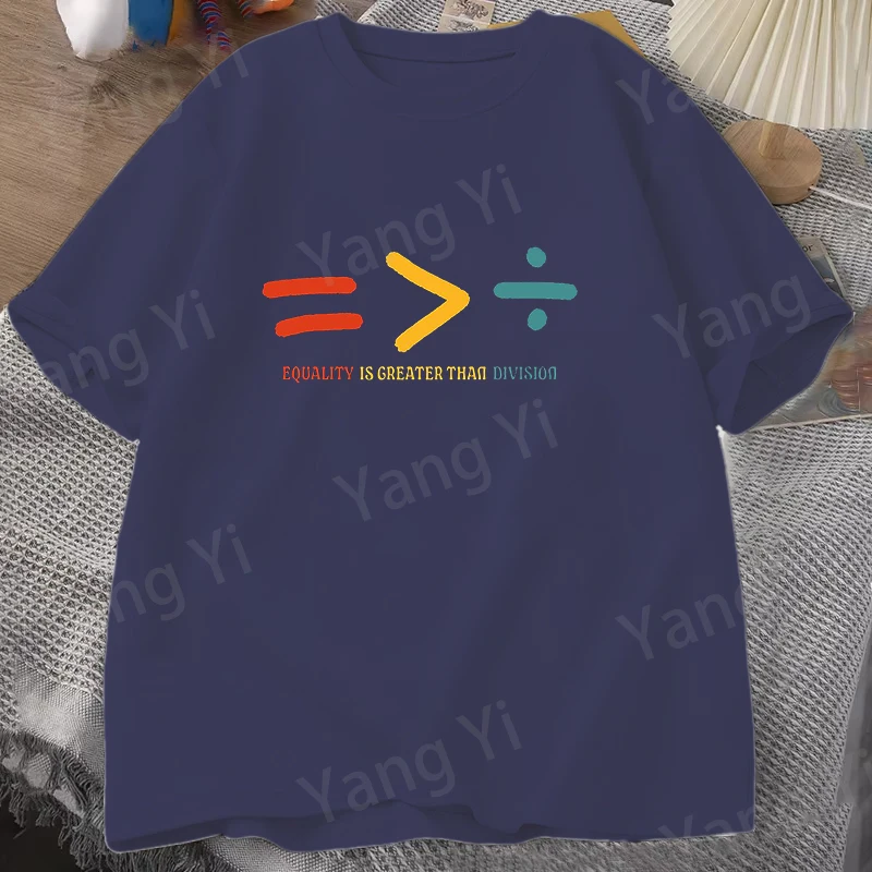 Fashion EQUALITY IS GREATER THAN DIVISION Print T-shirt Unisex Loose Short Sleeve Round Neck Men Women Top Mathematical Symbols