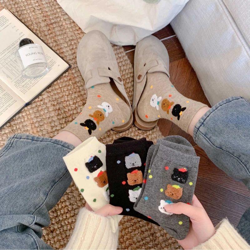 Cartoon Bear Socks Women Autumn Winter Thick Warm Socks Korean Cute Kawaii Harajuku Designer Fashion Socks Women