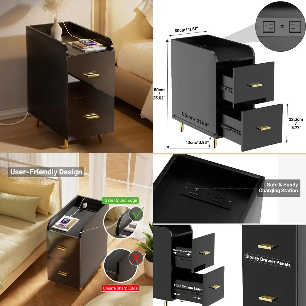 

современная прикроватная тумбочка Slimline с зарядкой, двумя ящиками и глянцевой полкой.