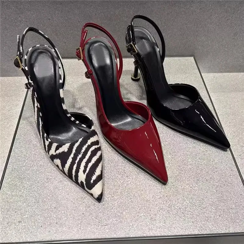 

New Summer Shoes with Zebra Print Women Fashion Pointed To High Heel Sandals Side Open Slip on Slingback