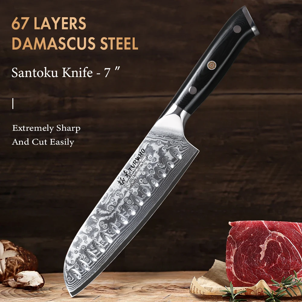 TURWHO 7 Inch Japanese Style Chef Knife 67 Layers Damascus Steel Professional Slicing Meat Cleaver Beef Kitchen Santoku Knife