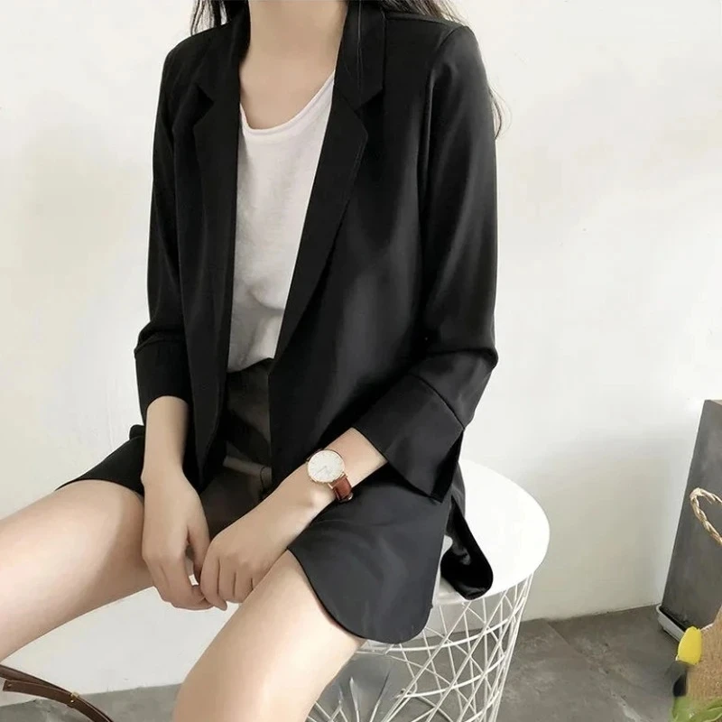 Women Thin Blazers Sun Protection Jacket 2024 Summer Black Suit Coat Three Quarter Sleeves OL Slim Ladies Tops