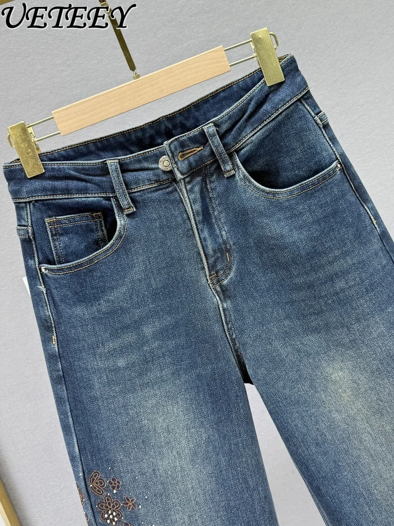 Fleece-Lined Denim Straight-Leg Pants for Women Winter New High-Waisted Loose Slimming Retro Embroidered Rhinestone Jeans