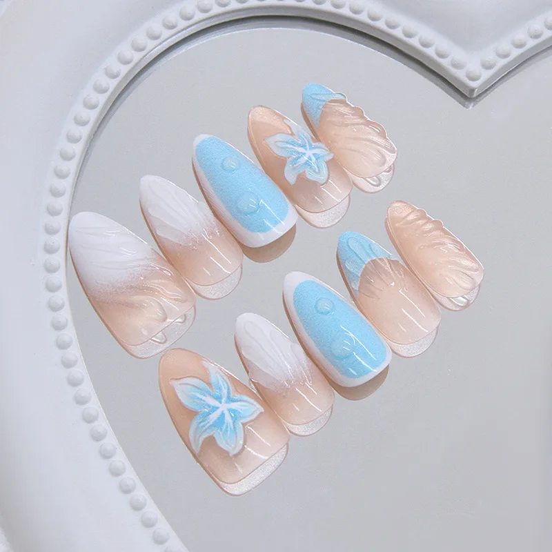 24 Uds. De uñas postizas francesas con degradado azul claro, conchas de flores de lirio 3D, uñas postizas de almendra brillantes, uñas postizas dulces, prensa