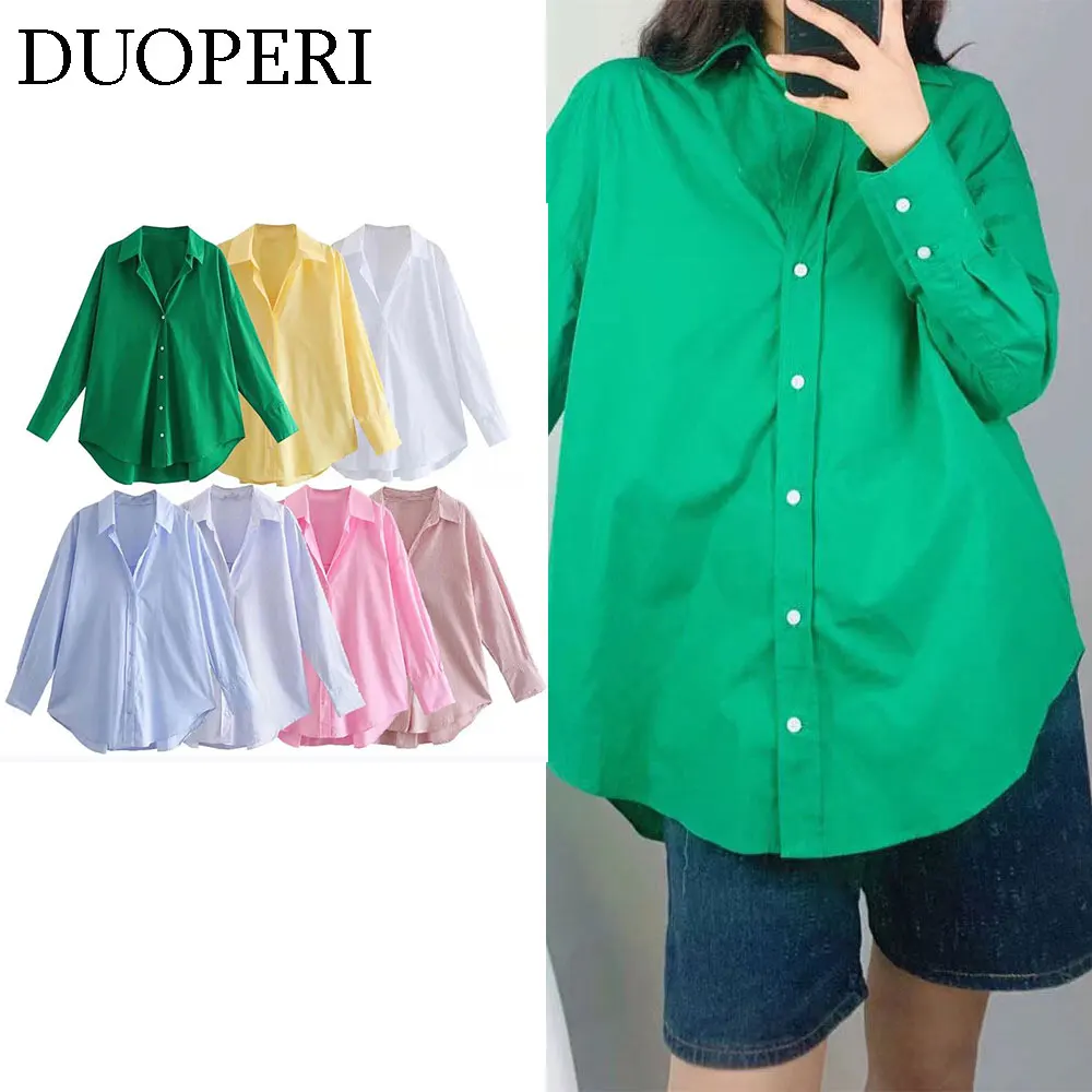 DUOPERI Women Summer Basic Multicolour Loose Shirt Lapel Collar Long Sleeves Female Chic Lady Oversize Blouse