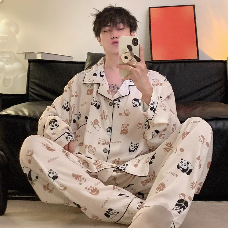 

Очень большой мужской осенний пижамный комплект, 150 кг, одежда для сна с корейским мультяшным принтом, повседневная студенческая атласная мягкая домашняя одежда с длинными рукавами + брюки