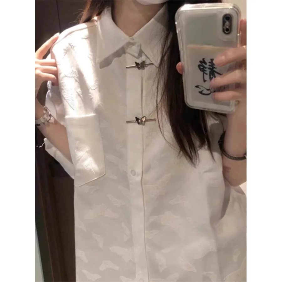 

New Chinese Style Short Sleeve Embroidered Shirt Women's Summer Floral Pattern White Blouse Breathable Lightweight Casual Shirt