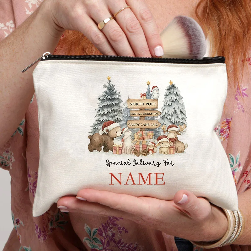 Personalized Christmas Makeup Bag Watercolor Woodland Animals Canvas Zipper Pouch Custom Name Special Delivery Cosmetic Bag Gift