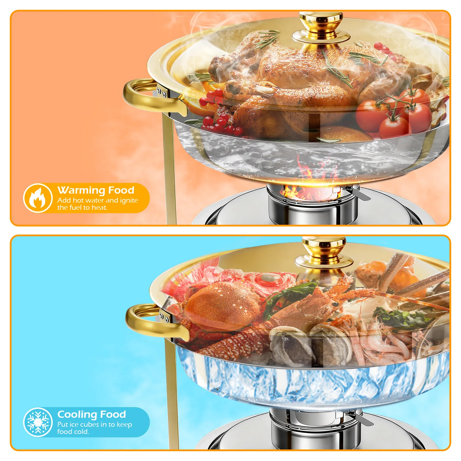 2/4/6 Pack Chafing Dish Buffet Set 5QT Round Gold-Plated Stainless Steel 316 with Glass Lids – Premium Buffet & Hot Pot Serving Set for Parties, Buffets, Weddings, Birthdays