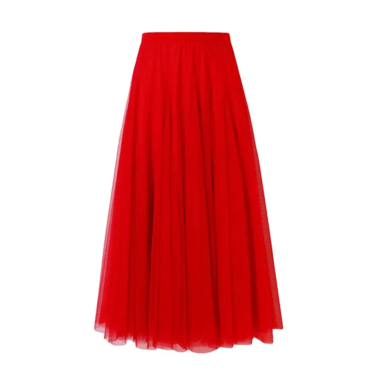 2024 Women Mesh Elastic High Waist Tutu Long Skirt Spring Summer Korean Fashion Elegant Pleated Skirt White Black Red Midi Skirt