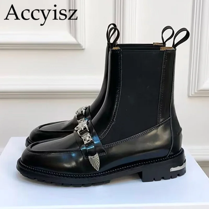 

Genuine Leather Thick Sole Chelsea Boots Women's Autumn Winter Round Toe Metal Decor Short Boots Back Zipper Fashion Ankle Botas