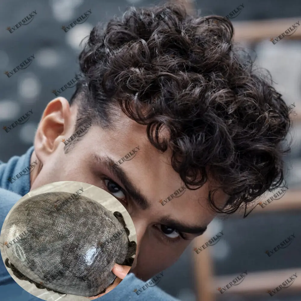 20mm Curly Brown Black Grey Super Durable Full Thin Skin Base Injection PU Toupee Men's Human Hair Capillary Prosthesis System