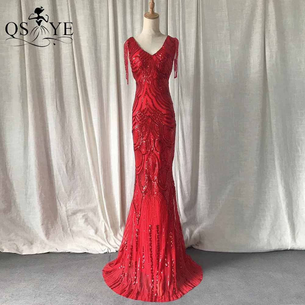 

Pattern Lace Red Sequin Evening Dresses Backless Mermaid Prom Gown V neck Crystal Beading Straps Woman Fit Formal Party Gown New