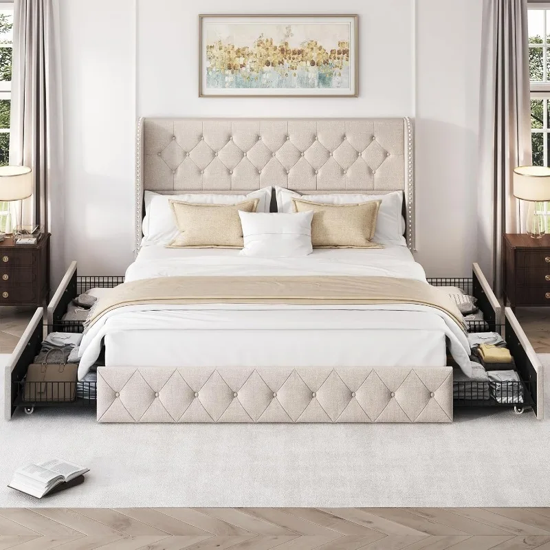 Full Size Bed Frame with 4 Storage Drawers and Wingback Headboard Linen Upholstered Platform Bed Frame Tufted Beds