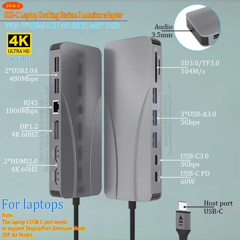 

USB-C Laptop Docking Station Triple Display HDMI+DP 4K@60Hz MST Hub, 14 Ports, PD Charging, Ethernet, USB, for Mac Apple Dell HP