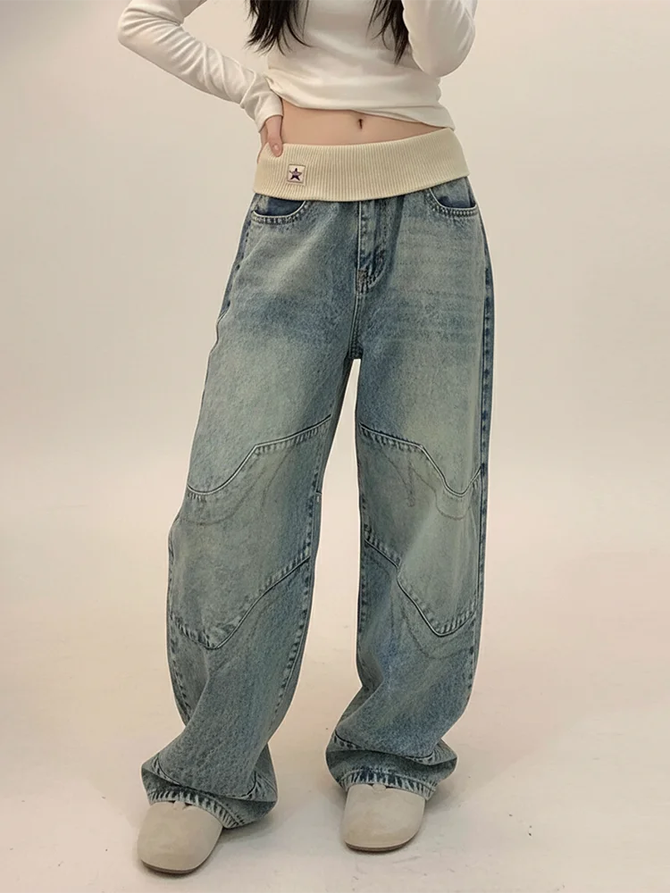 REDDACHiC Women Stitch Knit Baggy Jeans Vintage Distressed Whiskers Casual Low Waist Wide Leg Barrel Pants Korean Streetwear