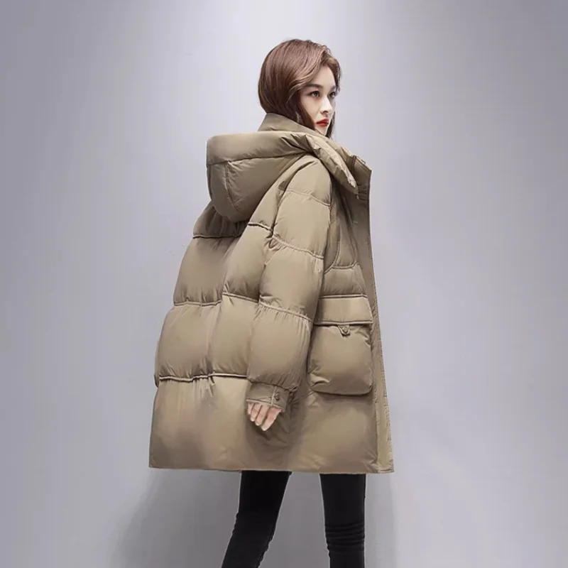 White Duck Down Hooded Jacket with Large Pocket Design, Warm Winter Coat, Mid-length Parka, Elegant Bread Jacket, Fashion